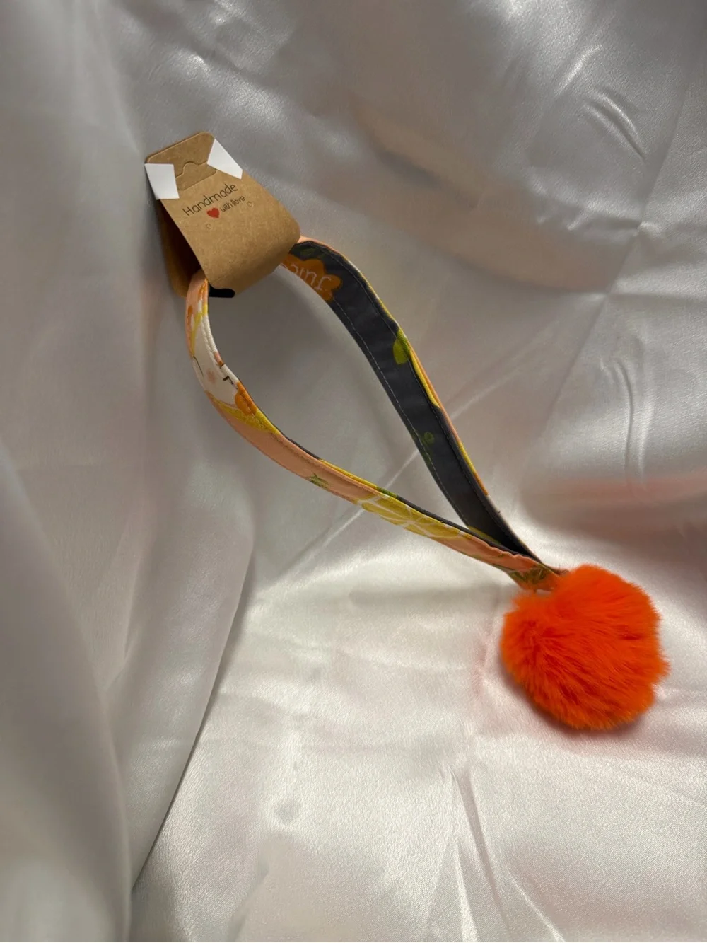Handmade Orange Pattern Wristlet Keychain with Orange Pompom